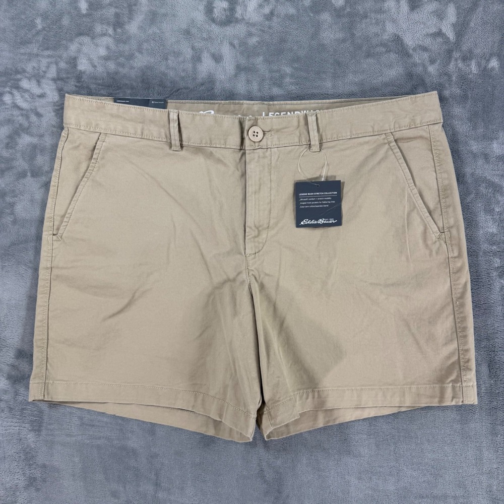 New Eddie Bauer Slightly Curvy Stretch Chino Shorts Women's 14 Tan Legend Wash